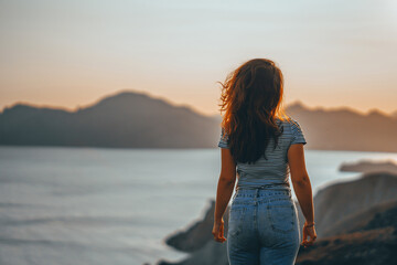 Picturesque mountain landscape at sunset with the sea on the horizon, a young beautiful woman walks down the slope in the orange rays of the sunset
