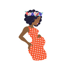 Pregnant african woman wearing floral wreath and orange polka-dot dress. Vector illustration.
