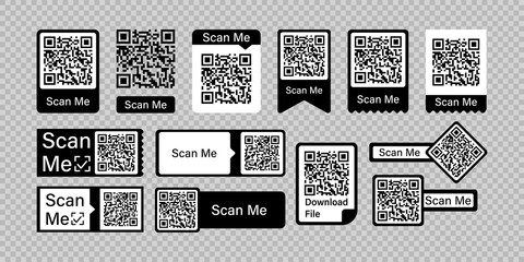 Qr code frame vector set. Scan me phone tag. Qr code mock up, mockup. Barcode smartphone id icon. Cellphone qrcode banner. Mobile payment and identity white background.
