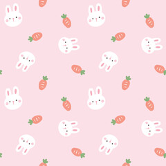 Fototapeta premium Seamless Pattern with Cartoon Rabbit Face and Carrot Design on Light Pink Background