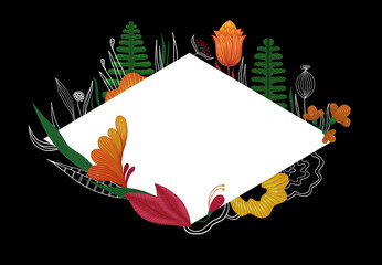 Hand-drawn vintage floral frame design. Flower arrangement for invitations, bridal shower, garden parties and elegant designs.