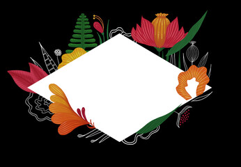 Exotic stylized flowers rhombus frame. Isolated on black background. Colorful composition with floral elements..