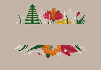 Hand-drawn bohemian floral title page design. Flower arrangement for invitations, bridal shower, garden parties and elegant designs.