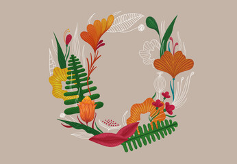 Colorful flowers wreath for wedding cards, greeting cards and lovely designs. Hand-drawn exotic plants elements illustration..