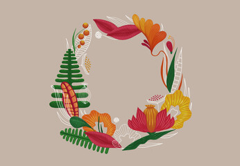 Hand-drawn bohemian floral wreath design. Flower arrangement for invitations, bridal shower, garden parties and elegant designs.