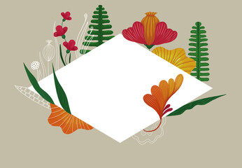 Hand-drawn bohemian floral frame design. Flower arrangement for invitations, bridal shower, garden parties and elegant designs