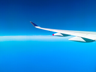 Fototapeta na wymiar wing of an airplane during flight in a clear blue sky with copy space.
