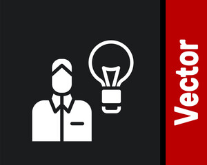 White Human with lamp bulb icon isolated on black background. Concept of idea. Vector.