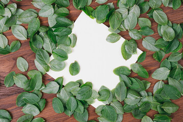 Fototapeta premium Creative layout made of leaves with paper card note on a wood background. Flat lay. Nature concept. Top view. Blank for advertising card or invitation. 