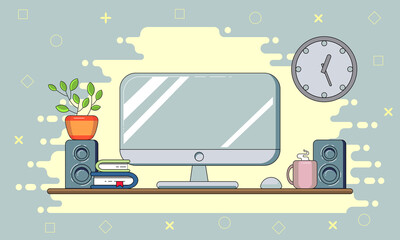 Workplace illustration - computer table, flower, mug, clock, books, audio speakers