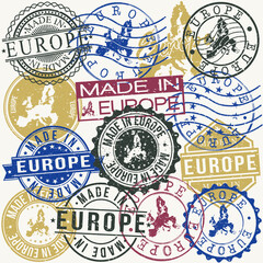 Europe Set of Stamps. Travel Passport Stamp. Made In Product. Design Seals Old Style Insignia. Icon Clip Art Vector.