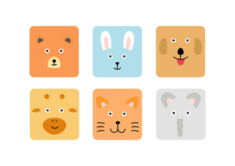 set of rounded colorful square cute face animal bear, giraffe, rabbit, cat, elephant, dog