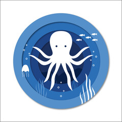 underwater paper cut ocean bottom with sea animals octopus jelly fish and fish paper layered cave background