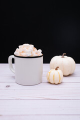Pumpkin spice latte with cinnamon and white pumpkins on wooden and black background. Harvest season and cozy pumpkin food backdrop. Space for writing. Hot chocolate with marshmallow. 