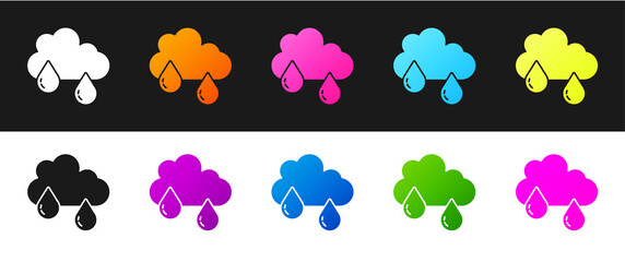 Set Cloud with rain icon isolated on black and white background. Rain cloud precipitation with rain drops. Vector.