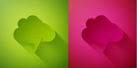 Paper cut Storm icon isolated on green and pink background. Cloud and lightning sign. Weather icon of storm. Paper art style. Vector.