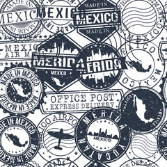 Merida Mexico Stamps Background. City Stamp Vector Art. Postal Passport Travel. Design Set Pattern.