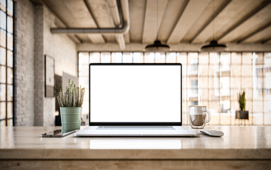 Laptop with frameless blank screen mockup template on table in industrial office loft interior - front view