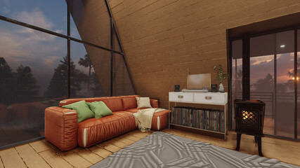 Illuminated Living Room Inside an A Frame House with a Sunset View Behind the Trees 3D Rendering