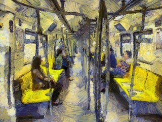 Inside of the Sky Train Illustrations creates an impressionist style of painting.
