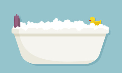 Naklejka premium Bubble bath with yellow rubber duck. Bathtub isolated on blue background. Vector flat illustration