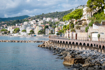 Landscape of Alassio bay from Aurelia, in a sunny day
