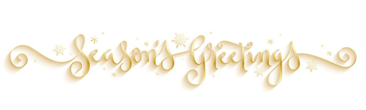 SEASON'S GREETINGS gold metallic vector brush calligraphy banner with spiral flourishes and snowflakes