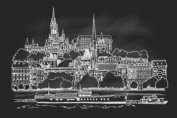 vector sketch of Budapest cityscape with Buda castle and Danube river