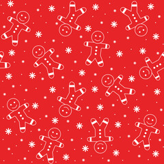 Naklejka premium Gingerbread Man seamless pattern background. white on red background