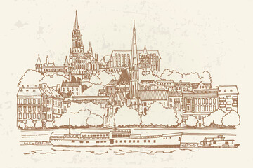 vector sketch of Budapest cityscape with Buda castle and Danube river
