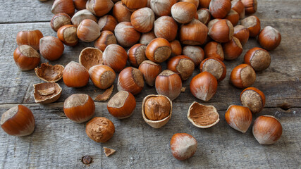 hazelnuts on a wooden table