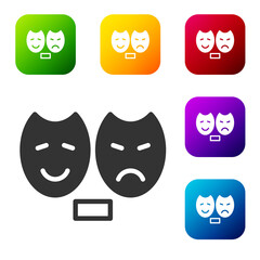 Black Comedy and tragedy theatrical masks icon isolated on white background. Set icons in color square buttons. Vector.