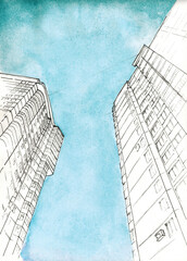 Hand drawn sketch illustration of two multi-storey buildings against the blue sky art