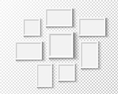 Photo frames on wall. White picture frame set. Vector empty realistic gallery.