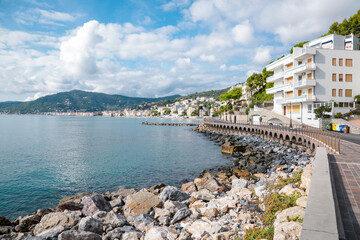 Landscape of Alassio bay from Aurelia, in a sunny day