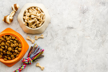 Top view of dried dog food and treats. Flat lay of food for pets