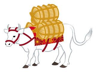 米俵を運ぶ白牛 - 年賀状素材　2021年　丑年