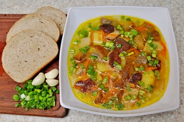 Mushroom soup made from fresh mushrooms, potatoes, greens in a white deep plate with slices of garlic bread for dinner on a table made of artificial stone