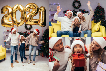 collage of happy family in santa hats waving hands, holding presents and standing near balloons with 2021 numbers in decorated living room