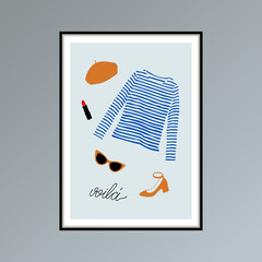 Poster with beret, striped longlsleeve shirt, sunglasses, shoe and hand lettered word voila, here you are in French.