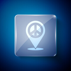 White Location peace icon isolated on blue background. Hippie symbol of peace. Square glass panels. Vector.