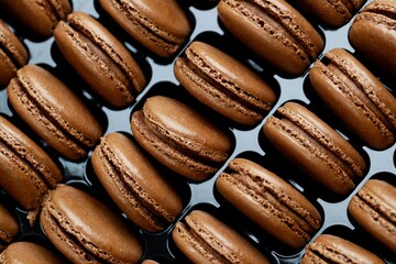 Set of Many tasty macarons Chocolate on bright box background. a pattern of colorful french cookies. homemade food.