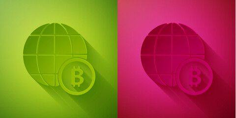 Paper cut Globe and cryptocurrency coin Bitcoin icon isolated on green and pink background. Physical bit coin. Blockchain based secure crypto currency. Paper art style. Vector.