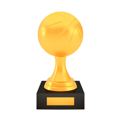 Winner basketball cup award on stand with empty plate, golden trophy logo isolated on white background - 387158707