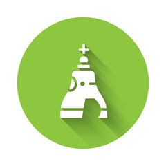 White The Tsar bell in Moscow monument icon isolated with long shadow. Green circle button. Vector.