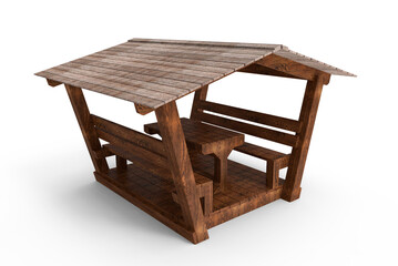 3D rendering of a wooden gazebo with a table and two benches
