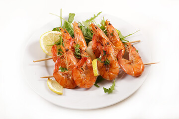 plate of shrimp skewer isolated on white background