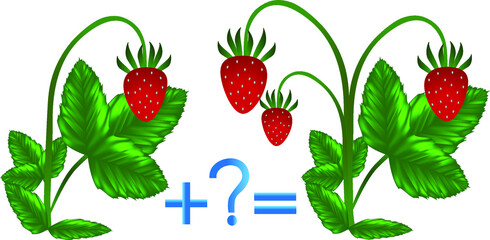 Educational game for children, illustration of mathematical addition, examples with strawberries.