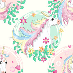 Seamless pattern with unicorns, donuts rainbow, confetti and other elements