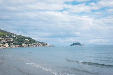 Alassio city center and marine, Italian roman city of the Ligurian riviera, in summer days with...